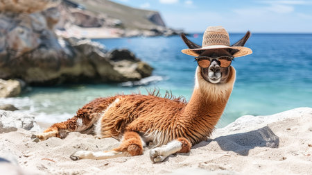 Llama relaxing in sunglasses and hat on beach   vacation enjoyment concept with space for textの素材