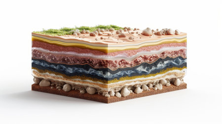 Detailed 3d cross section showing soil, rock layers, water passages on white backgroundの素材