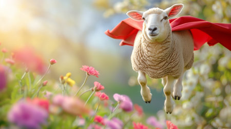 Flying sheep in superhero cape on gradient pastel background with ample space for text placementの素材