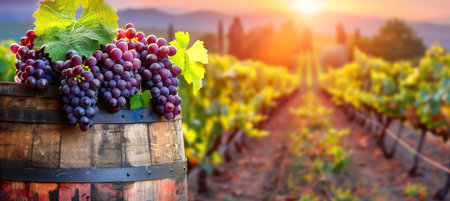 Colorful grapes in barrels at vineyard warehouse under soft evening light for winery adの素材