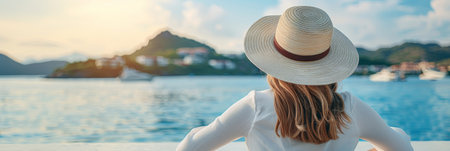 Young woman leisurely relaxing in the pool at a luxurious resort, enjoying a tranquil momentの素材