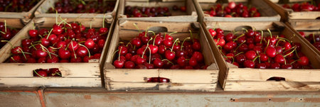 Ripe cherries in wooden crates  cozy warehouse setting for rustic food advertisementの素材