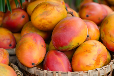 Colorful baskets of ripe mangoes in tropical market warehouse with palm trees for exotic displayの素材
