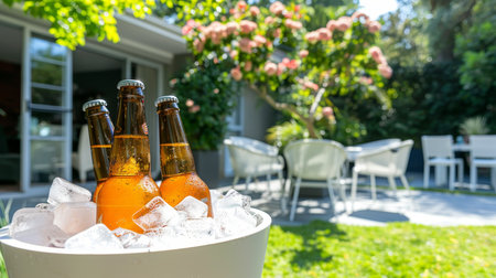 Chilled beer bottles and refreshing beverages at home party setup with copy spaceの素材