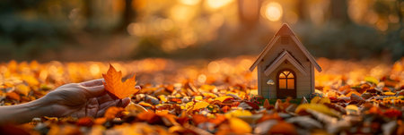 Hand holding miniature house outdoors with nature background, space for text placementの素材