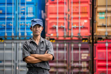 Industrial shipping terminal port manager supervising container shipment operationsの素材