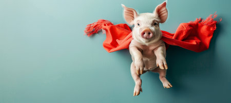 Flying pig superhero with cape on gradient pastel background, perfect for text placementの素材