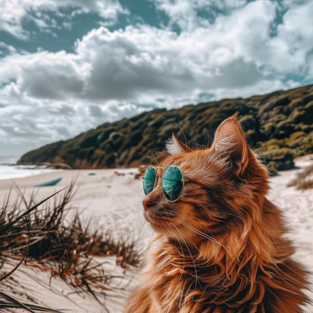 Chic red cat with stylish sunglasses relaxing on a picturesque and sun kissed sandy beachの素材