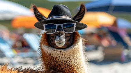 Llama relaxing on beach with sunglasses and hat   vacation enjoyment concept with copy spaceの素材