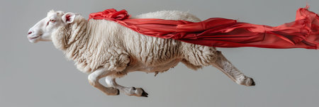 Sheep in flight  superhero caped woolly animal on pastel gradient backdrop with text spaceの素材