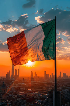Italian flag fluttering with city skyline in the background, creating a captivating sceneの素材
