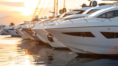 Tranquil harbor scene  private boats under golden hour light with space for text placementの素材