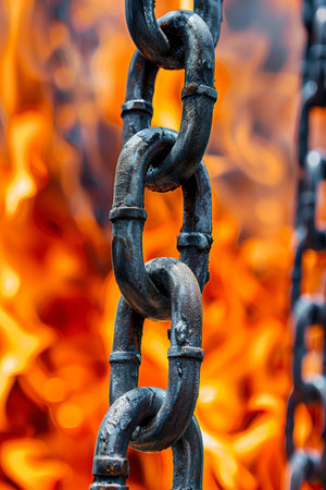 Fiery chains as a symbol of resilience in the face of adversity, showcasing unyielding strengthの素材