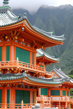 Tranquil ancient japanese temple nestled in misty mountains, a serene fantasy settingの素材
