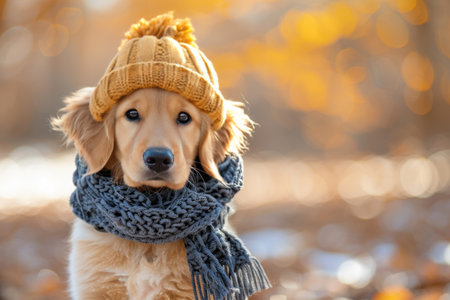 Sweet puppy in cozy hat and scarf on autumn backdrop with ample space for text placementの素材