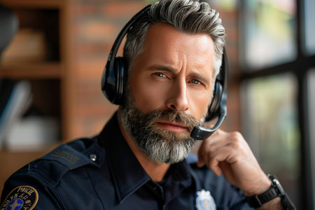Police officers in modern 911 call center responding to emergencies with space for textの素材