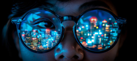 Data reflection on eyeglasses of computer programmer analyzing big data on screenの素材