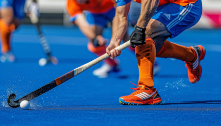 Intense field hockey players in penalty corner at summer olympics, capturing tension and strategyの素材