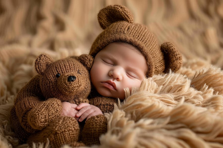 Adorable baby boy in bear onesie peacefully asleep with teddy bear in comfortable bedの素材