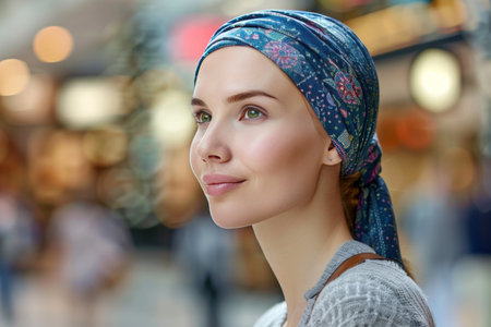 Woman with cancer in hospital, blurred background with text space for relevant search resultsの素材