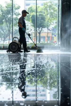 Professional cleaning of office floor with modern machinery in contemporary buildingの素材