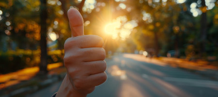 Business people s thumbs up sign on blurred background, symbolizing positivity and successの素材
