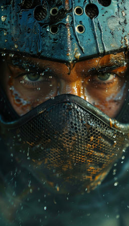 Intense moment  sweaty fencing mask close up, symbolizing the grueling nature of olympic competitionの素材