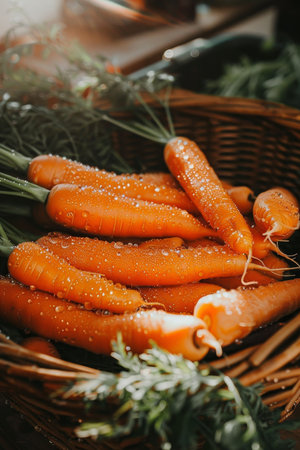 Freshly harvested carrots in basket with juicer   ready for nutrient rich juice makingの素材
