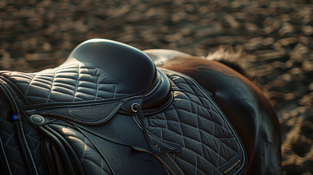 Detailed close up of equestrian saddle and stirrups for competitive ride at summer olympicsの素材