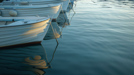 Tranquil harbor with private boats in golden hour light, serene beauty with ample text spaceの素材