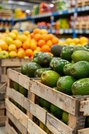 Ripe avocados and assorted fruits in wooden crates at vibrant market warehouse displayの素材