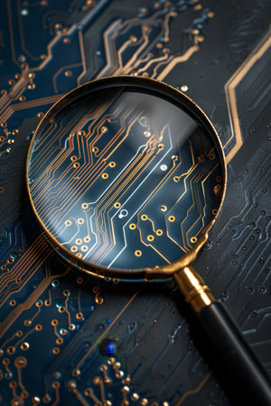 Macro view of computer microchips examined by magnifying glass with space for textの素材
