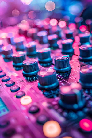 Close up of vibrant audio equipment glowing in a dynamic dance environment settingの素材