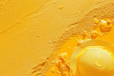Summer beach vibes  yellow towel, sunglasses, and hat on matching background with copy spaceの素材