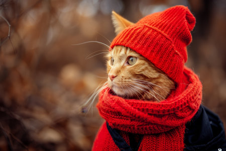 Charming cat in hat and scarf on autumn backdrop with ample space for text placementの素材