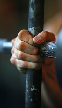 Weightlifter s strong grip on barbell, symbolizing determination in summer olympic sportの素材