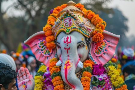 Ganesh chaturthi  colorful processions with adorned idols and traditional attireの素材