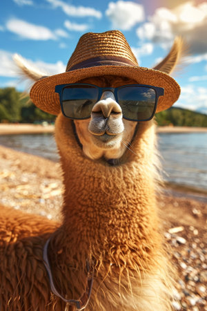 Stylish llama relaxing on beach  vacation vibes with sunglasses and hat   ideal for text placementの素材
