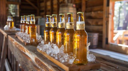 Chilled beer bottles and refreshing beverages at home party setup with copy spaceの素材