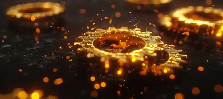 Fiery sparks  close up of synchronizing gears in motion against blurred background with copy spaceの素材