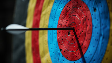 Detailed close up of an archery target and arrow with abundant room for text placementの素材