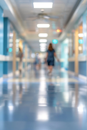 Woman with cancer in hospital, blurred background with space for text, suitable for search resultsの素材