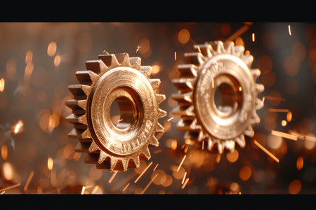 Dynamic gear synchronization with sparks on blurred background, ideal for text placementの素材