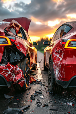 Daytime collision involving two small cars in a minor accident crashing togetherの素材