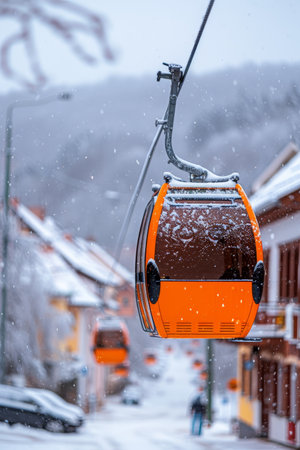 Close up of orange ski lift gondola with snow capped mountain range in the backgroundの素材