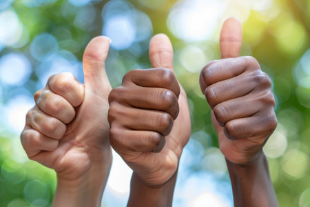 Business professionals showing thumbs up gestures in close up on blurred backgroundの素材