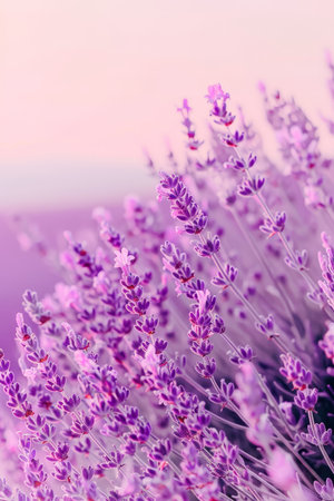 Scenic view of a vibrant french lavender field illuminated by the warm hues of the setting sunの素材