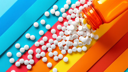 White tablets spilling from orange bottle onto pastel background symbolize healthcare and medicationの素材