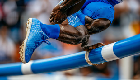 Dynamic close up  hurdler s agile legs overcoming hurdle   summer olympics sport conceptの素材
