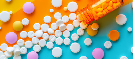 Healthcare symbol  white tablets spill from orange bottle on soft pastel colored backgroundの素材